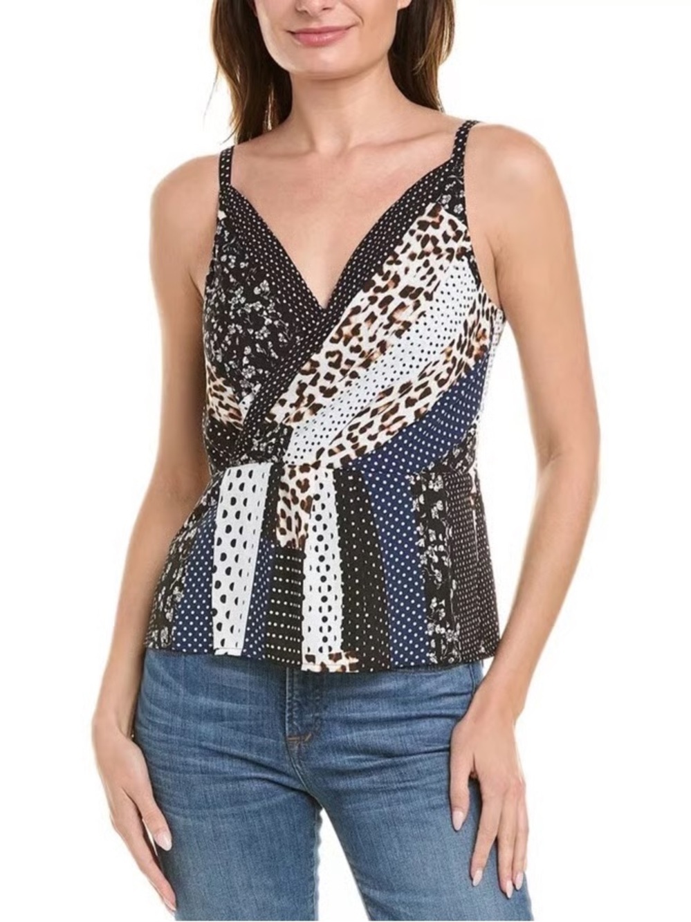 CAbi Mixed-Print Wrap Camisole - Blue/Black/White